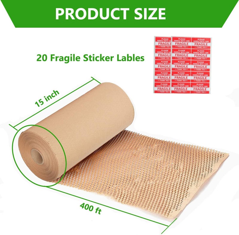 liirro Honeycomb Packing Paper Wrap 15"x400' Sustainable Alternative to Bubble Cushioning Wrap Biodegradable & Fully Recylable for Moving/Shipping/Packing Roll with 20 Fragile Stickers - Image 2